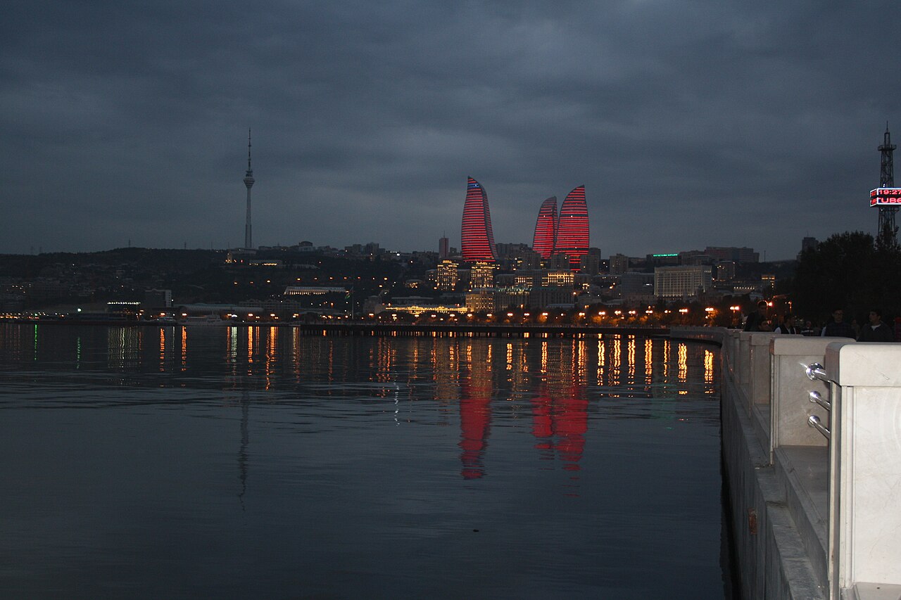 Baku Flame Towers & Caucasus Mountains